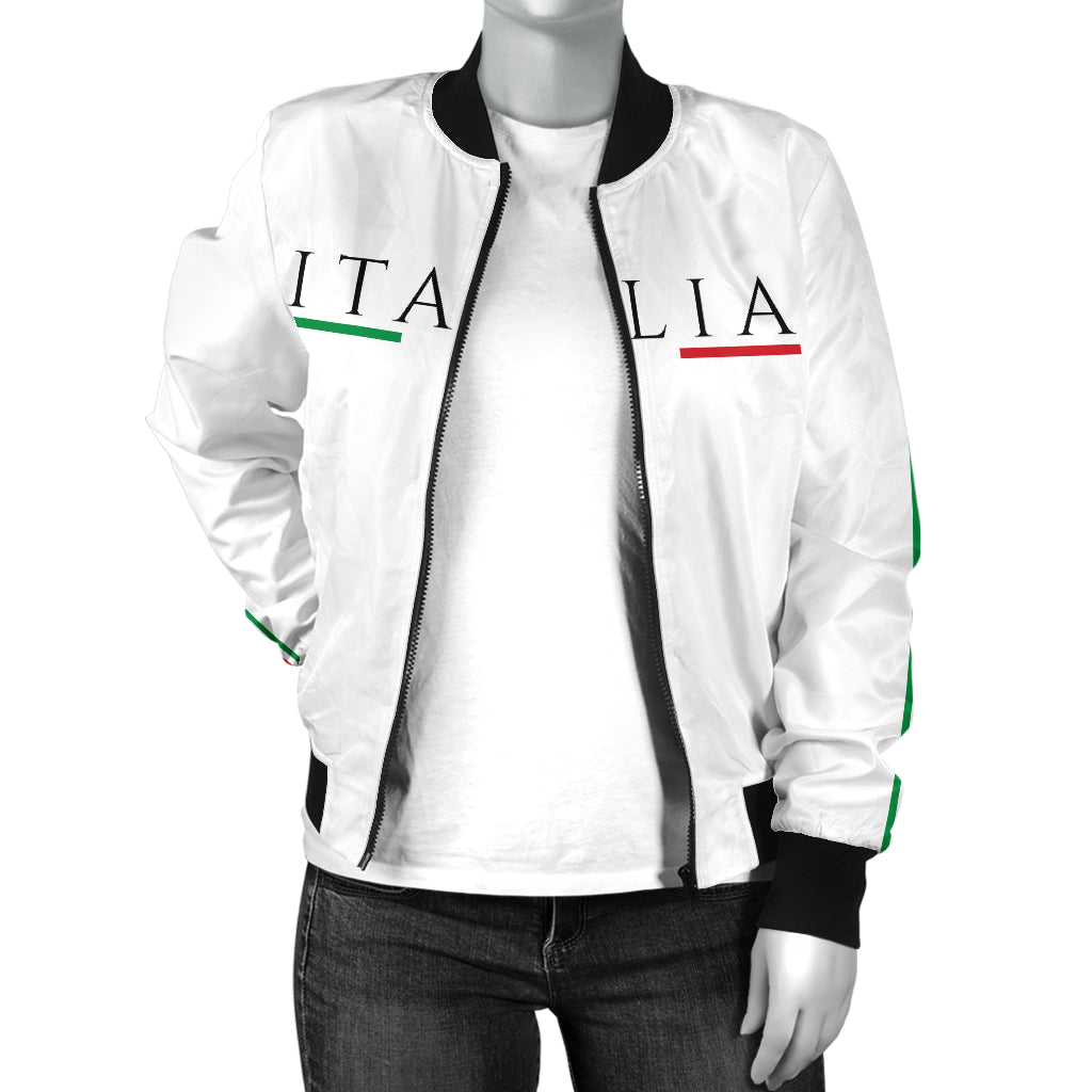 Italy Bomber Jacket - White - Women's displayed on a mannequin, showcasing its ribbed collar, black zipper, and stylish fit.
