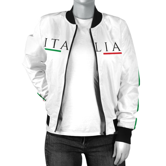 Italy Bomber Jacket - White - Women's displayed on a mannequin, showcasing its ribbed collar, black zipper, and stylish fit.