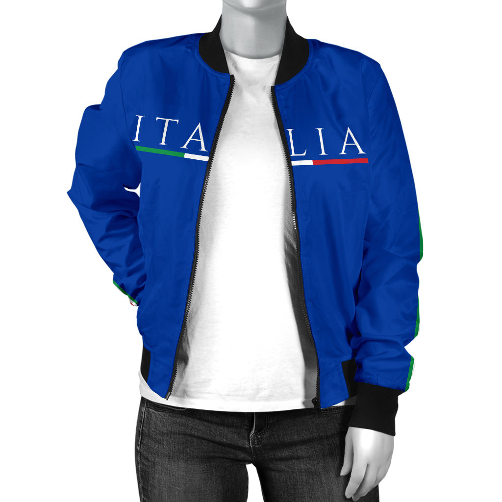 Italy Bomber Jacket - Azure - Women's displayed on a mannequin, showcasing a stylish fit with ribbed collar, cuffs, and waistline, featuring a high-quality zipper.
