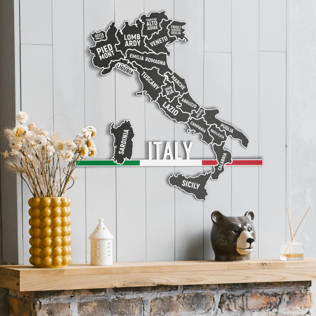 Mappa delle Regioni Italiane e Bandiera Minimalista - Arte in metallo colorato