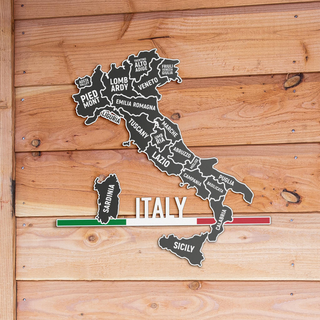 Mappa delle Regioni Italiane e Bandiera Minimalista - Arte in metallo colorato