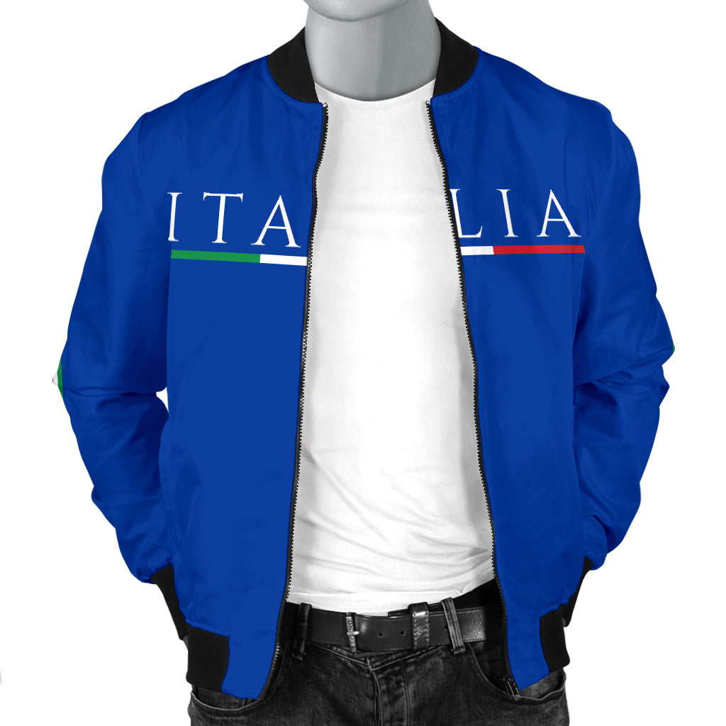 Italy Bomber Jacket - Azure - Men's displayed on a mannequin, featuring a sleek design with a ribbed collar and durable fabric for a stylish fit.