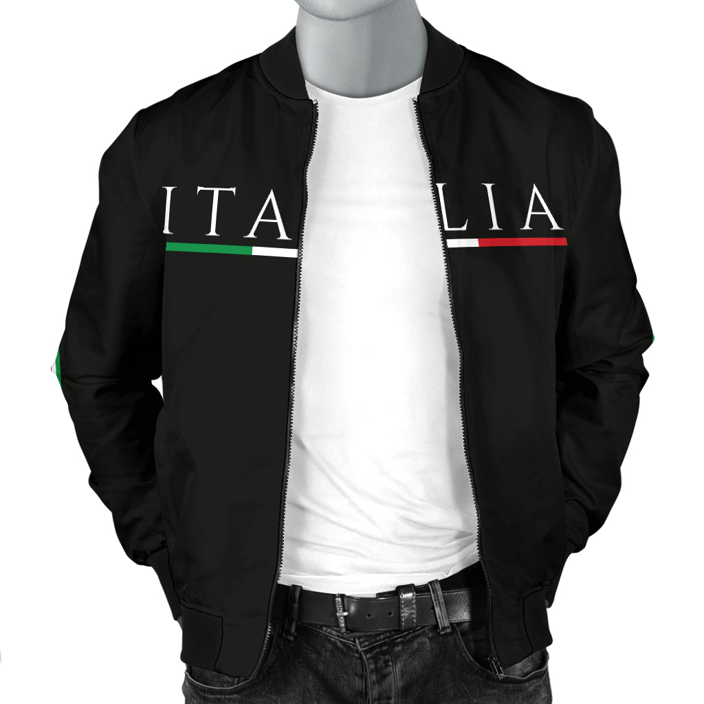 Italy Bomber Jacket - Black - Men's displayed on a mannequin, showcasing its zippered front, ribbed collar, and stylish fit.
