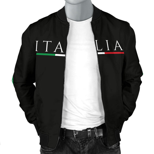 Italy Bomber Jacket - Black - Men's displayed on a mannequin, showcasing its zippered front, ribbed collar, and stylish fit.
