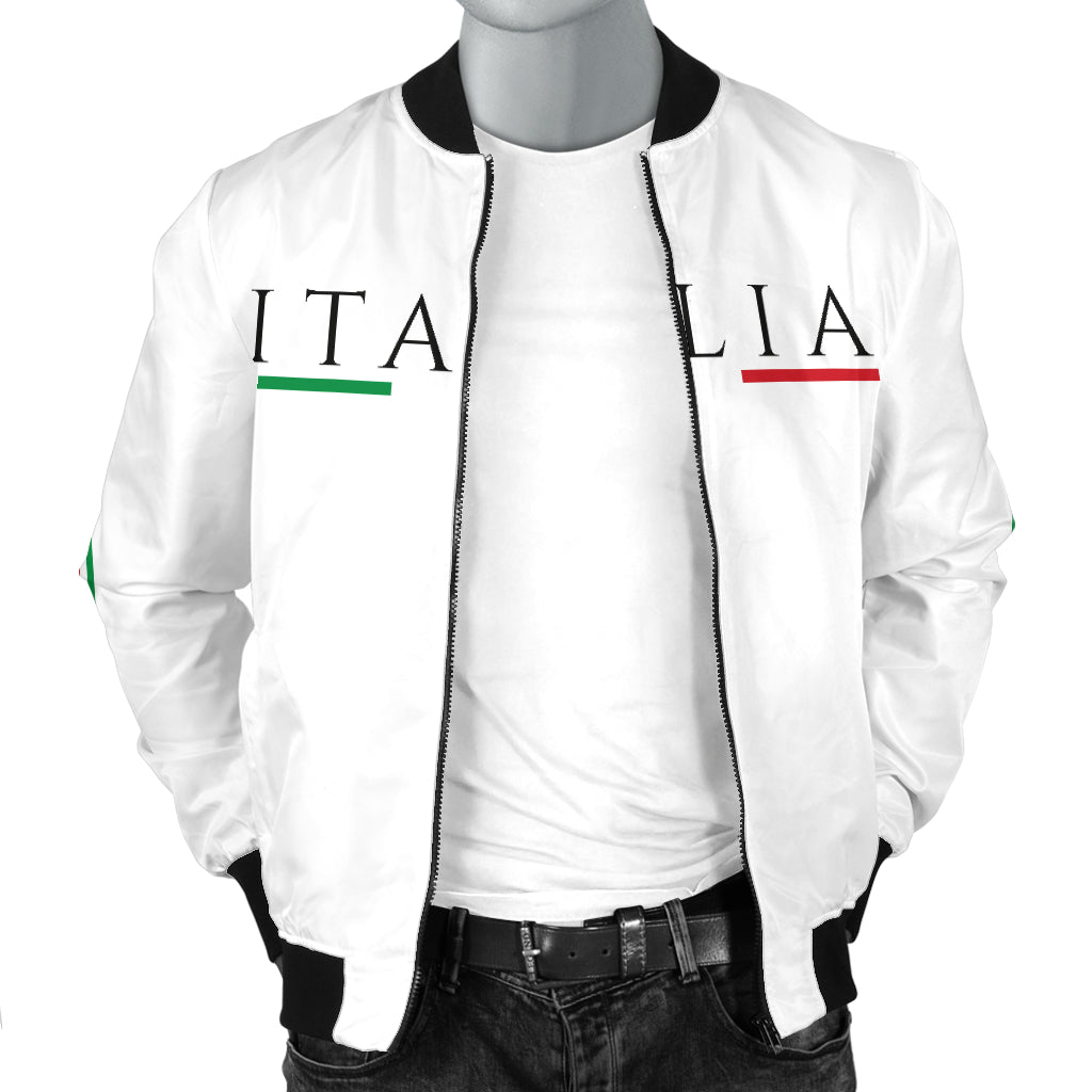 Mannequin displaying the Italy Bomber Jacket - White - Men's, featuring black text, ribbed collar, and high-quality zipper for easy access.