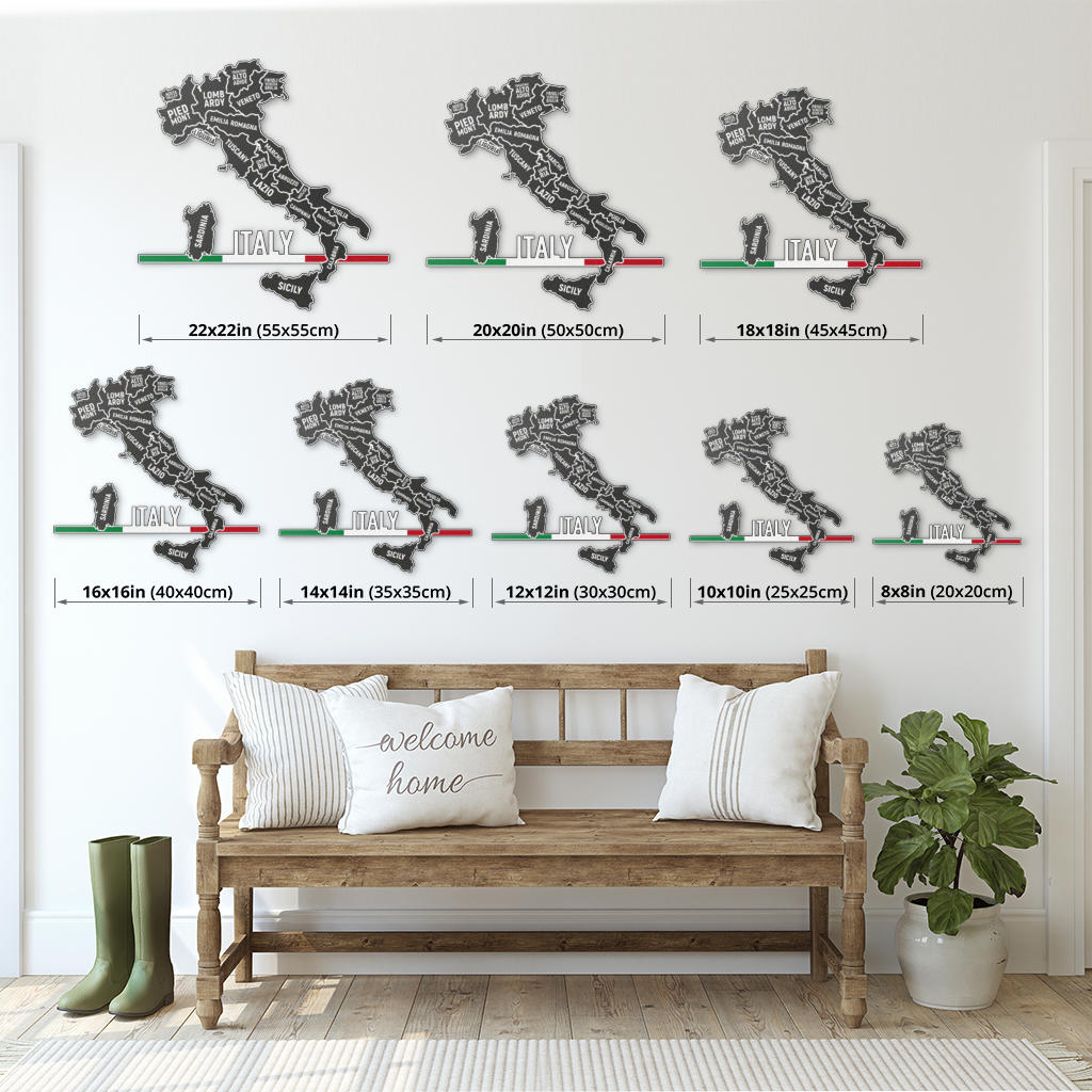 Mappa delle Regioni Italiane e Bandiera Minimalista - Arte in metallo colorato