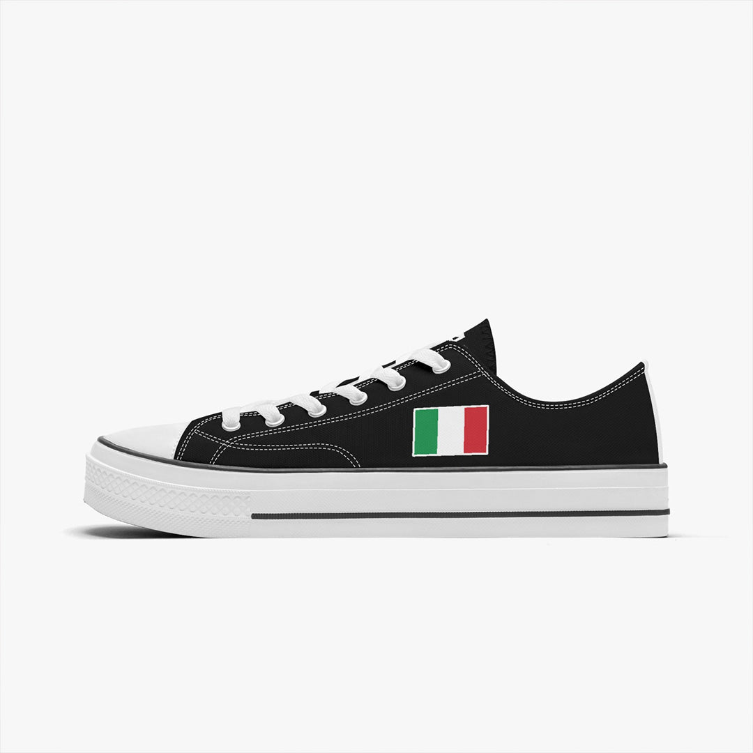 Italian Flag Low Top Shoes Sneakers, featuring a black and white design with a flag detail, robust rubber outsole, canvas upper, and metal eyelets for a classic look.