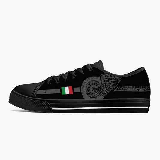 Men's Low-Top Shoes with Italian biker theme, featuring a black canvas design, white stripe, Italian flag detail, and rubber outsole.