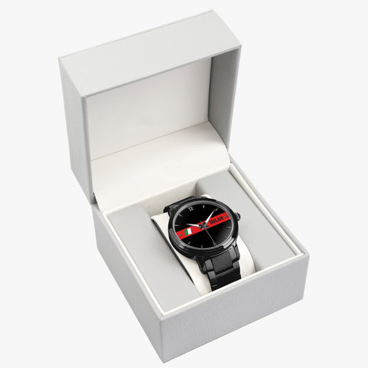 Milan Automatic Movement Watch in a white box, showcasing its premium stainless steel design and classic folding clasp buckle, emphasizing Italian craftsmanship.
