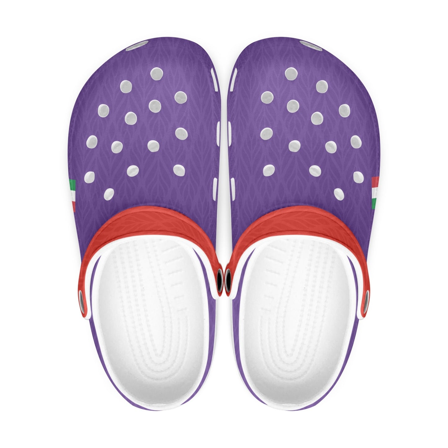 Fiorentina Clogs shoes with white dots and red straps, featuring a soft lightweight EVA upper and durable anti-slip outsole, suitable for indoor and outdoor wear.