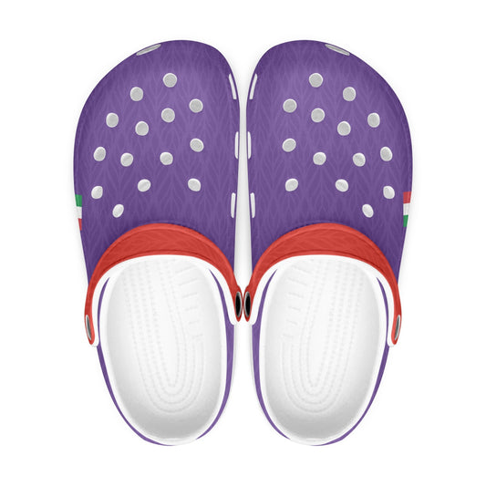 Fiorentina Clogs shoes with white dots and red straps, featuring a soft lightweight EVA upper and durable anti-slip outsole, suitable for indoor and outdoor wear.