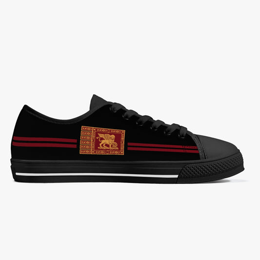 Low-Top Shoes - Venezia: Black sneaker with red stripes, gold emblem featuring a lion. Unisex design with canvas upper, rubber outsole, and lace-up closure.