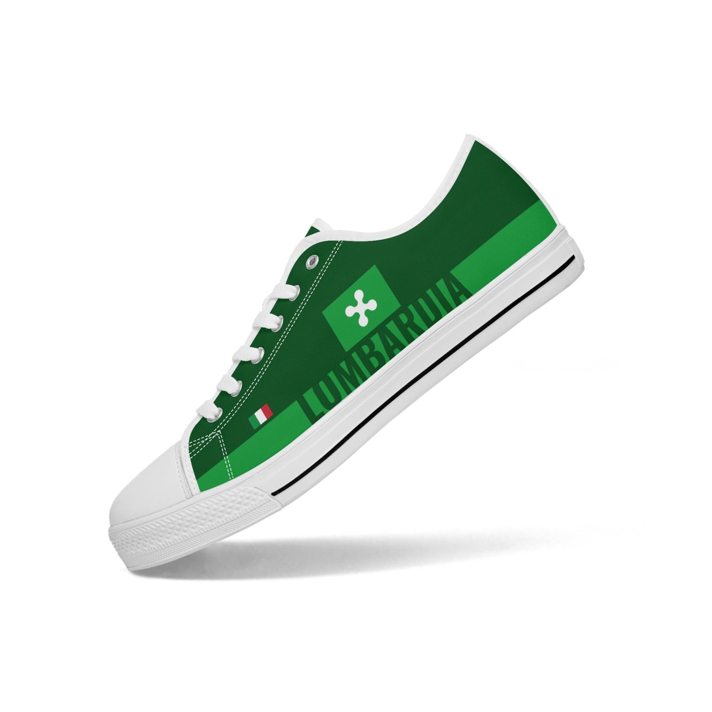 Lombardia Shoes Low-top V2, featuring a green and white design with a canvas upper, rubber outsole, and metal eyelets for a classic look.