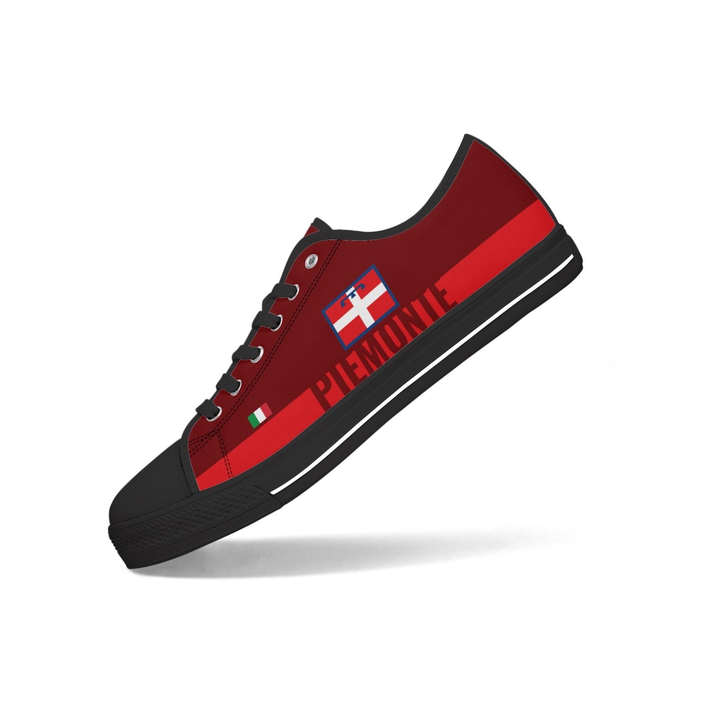 Piemonte Shoes Low-top V2, red and black sneakers with a classic lace-up design, feature a durable rubber outsole and cushioned canvas upper for comfort.