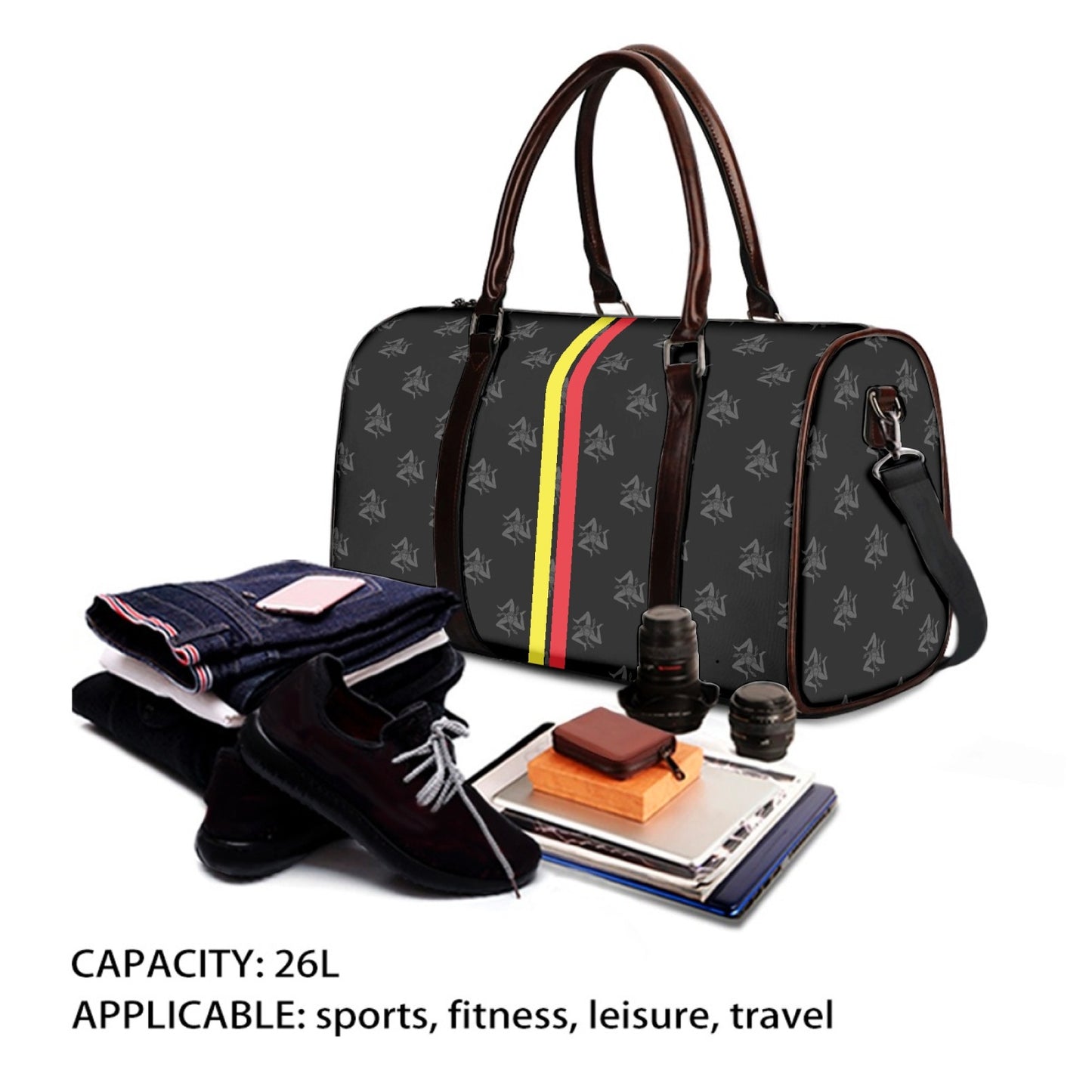 Travel Handbag Trinacria Sicilian Pattern with shoes, wallet, and jeans, showcasing its versatile design and organizational features. Perfect for travel, made of high-density canvas.