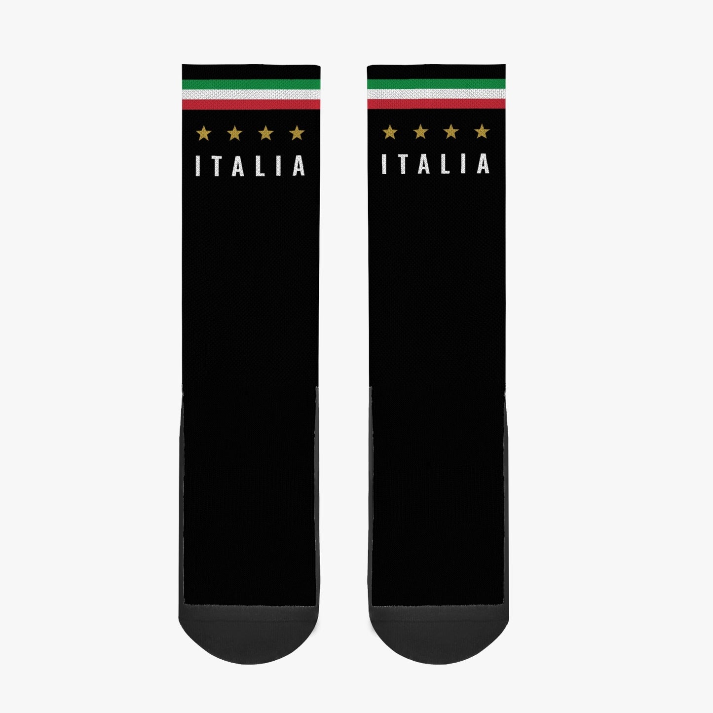 Socks Italia: Black socks featuring white text and stars, crafted from a premium polyester-cotton blend for comfort and sweat absorption. Unisex design.