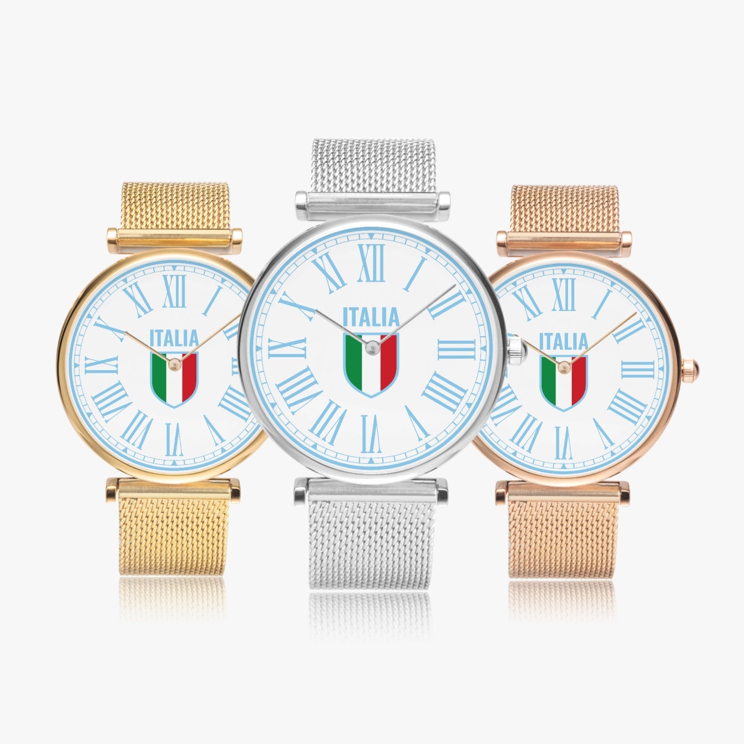 Ultra-Thin Quartz Stainless Steel Watch - Italy light blue, featuring a white face with Roman numerals, showcasing a sleek, unisex design.