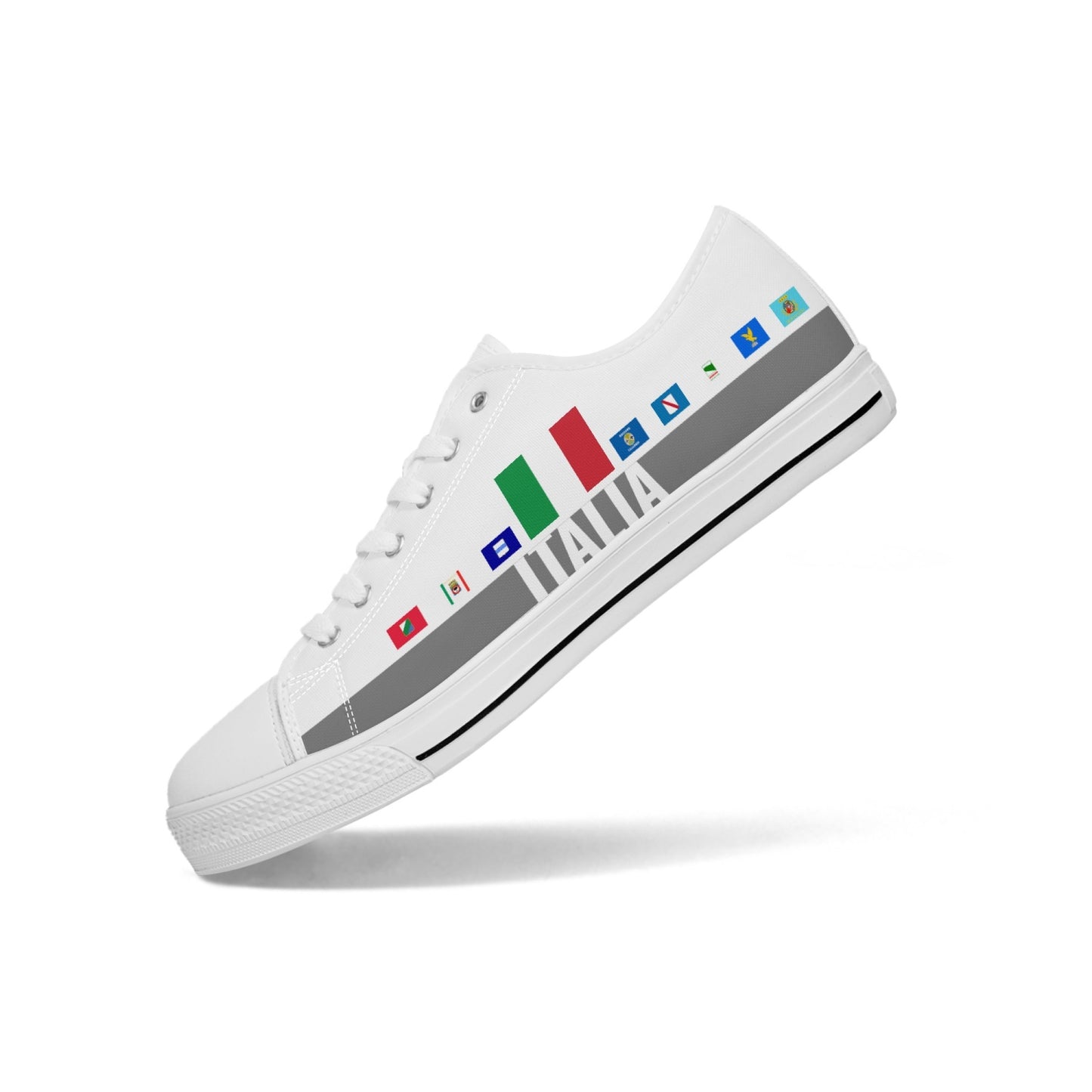 Italy regions white Shoes Low-top V2 featuring colorful flag designs, canvas upper, rubber outsole, and lace-up closure for a classic look.