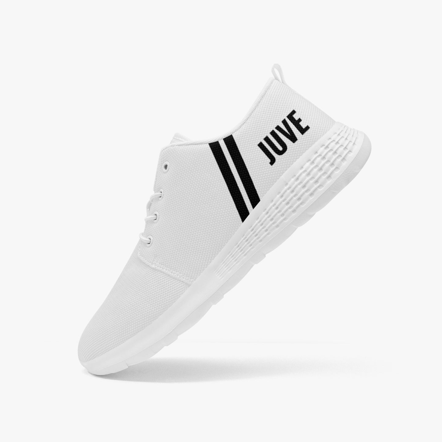 Juve Running Shoes featuring black stripes, designed for flexibility with breathable mesh and cushioned insoles, available in men's and women's sizes.