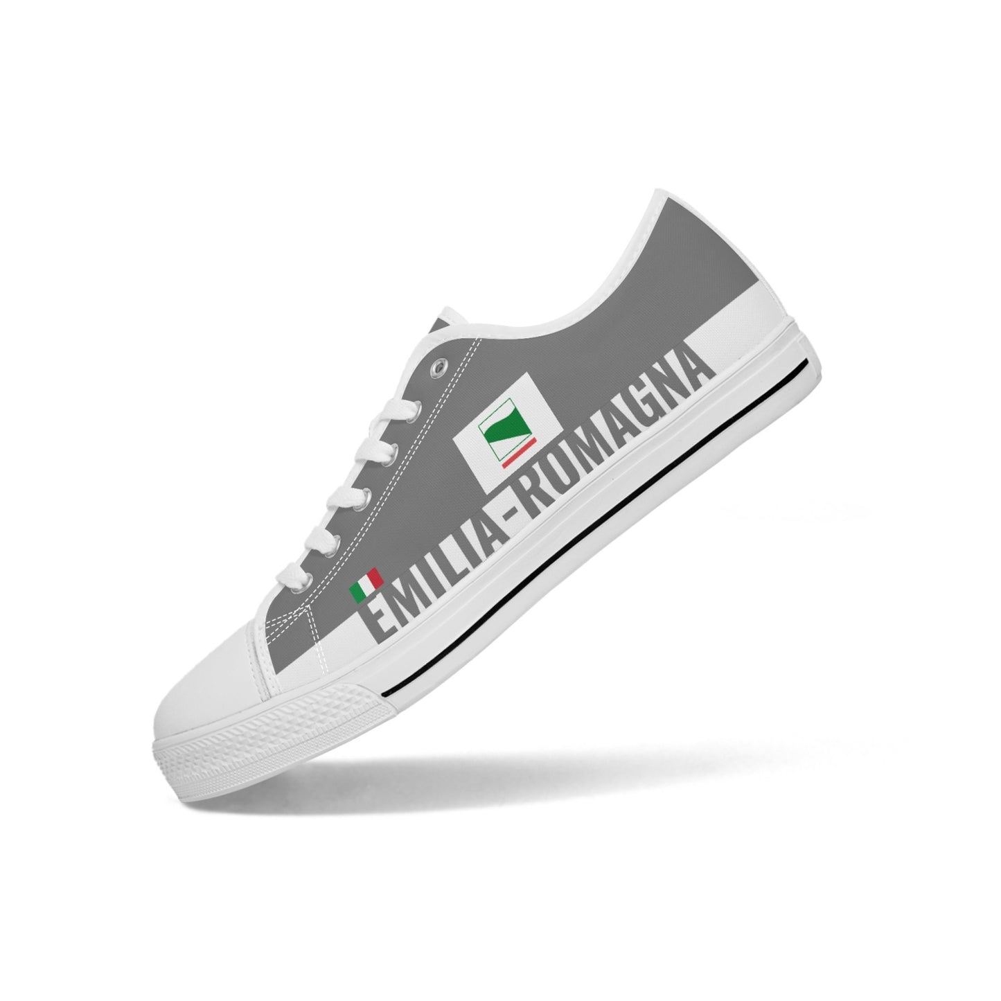 Emilia-Romagna Shoes Low-top V2, featuring a grey and white design with white laces, rubber outsole, and canvas upper, highlighting Italian craftsmanship.