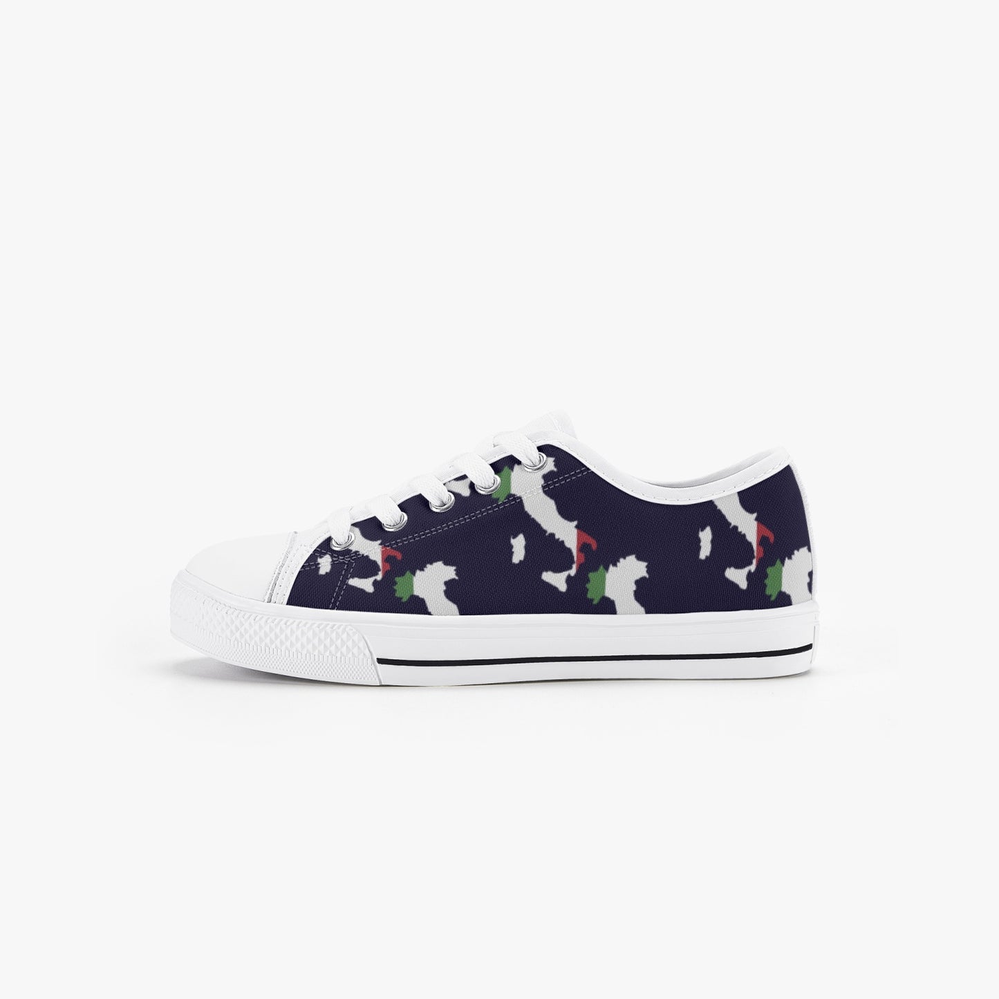 Kid’s Low-Top Shoes Italy map, featuring canvas construction with EVA padded insoles and metal eyelets, designed for children’s comfort and style.