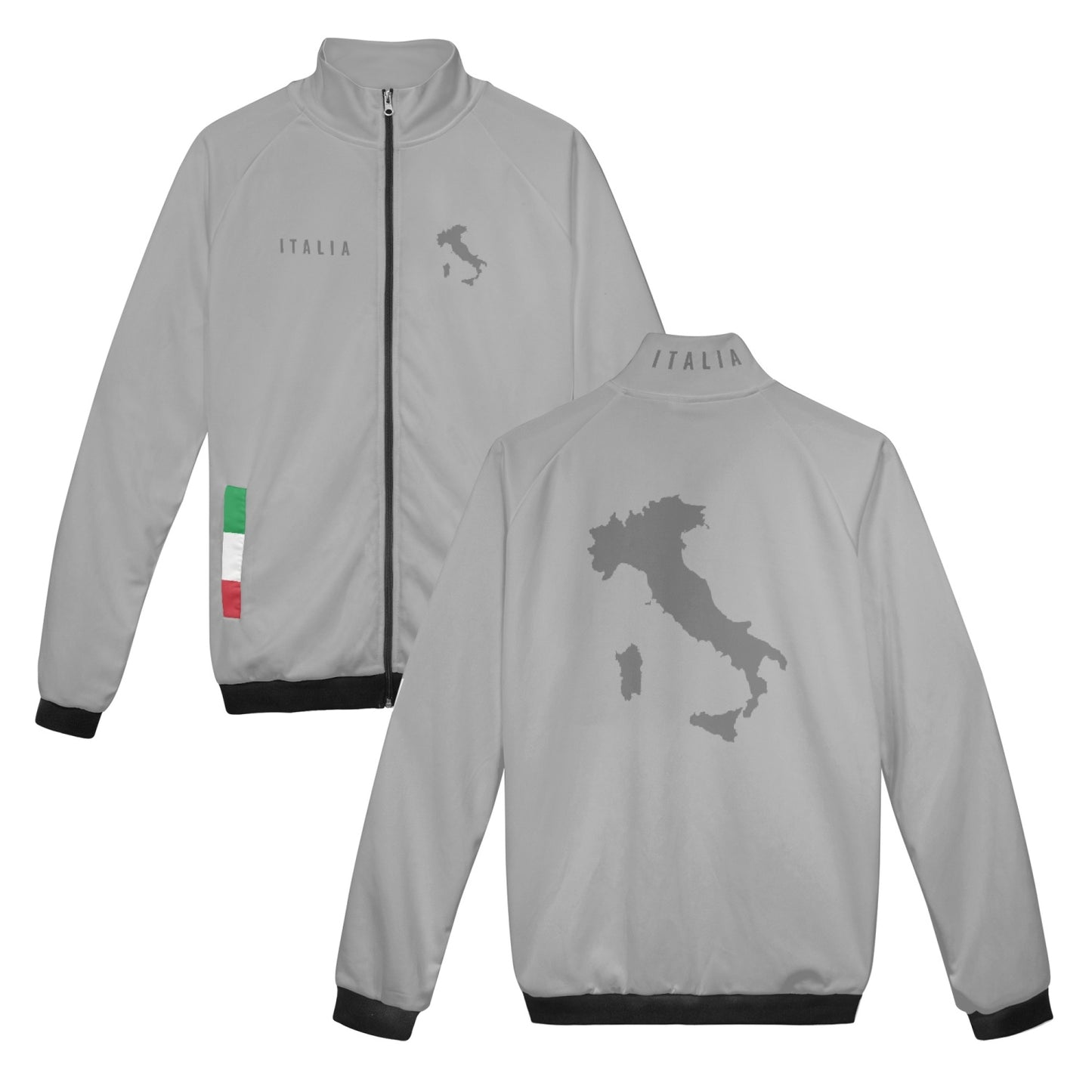 Italian boot zip Jacket grey with a map design, featuring a stand collar, reinforced cuffs, and a roomy front pocket.
