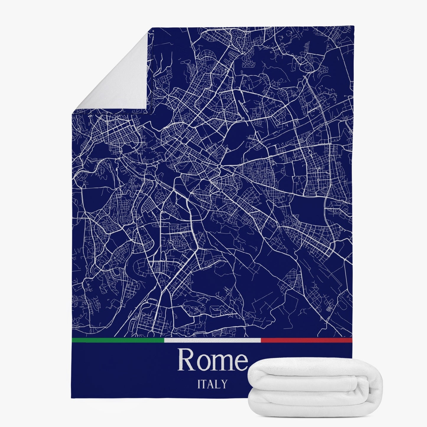 Rome City Map Fleece Blanket featuring premium suede polyester for a soft touch, with dual-sided stitching for warmth, showcasing a detailed map design.