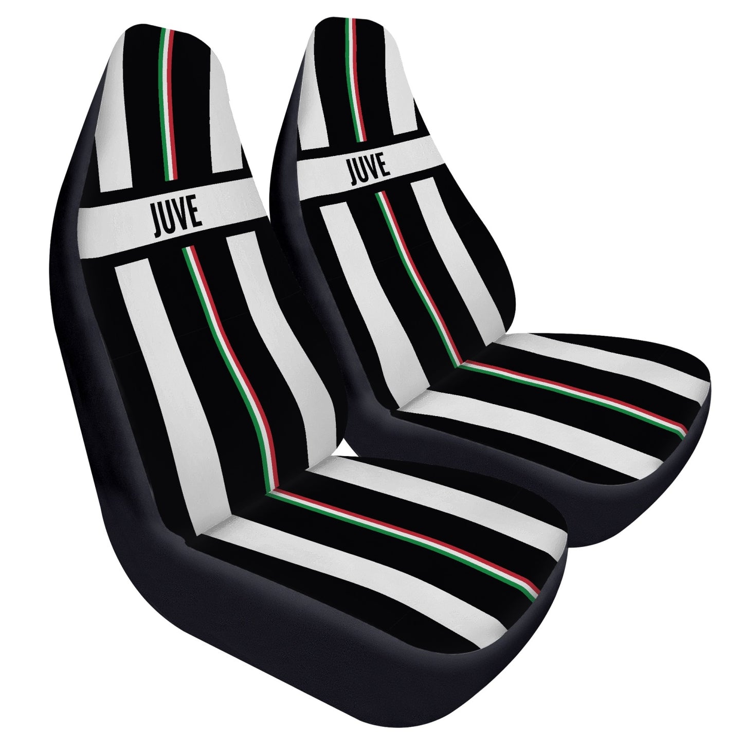 Juve Car Seats Cover 2Pcs displayed in black and white, designed for style and protection with premium microfiber fabric and elastic backing for easy installation.