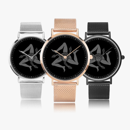 Ultra-thin Stainless Steel Quartz Watch - Sicilian trinacria black, featuring a black face and sleek, modern design, highlighting its elegant stainless steel structure.