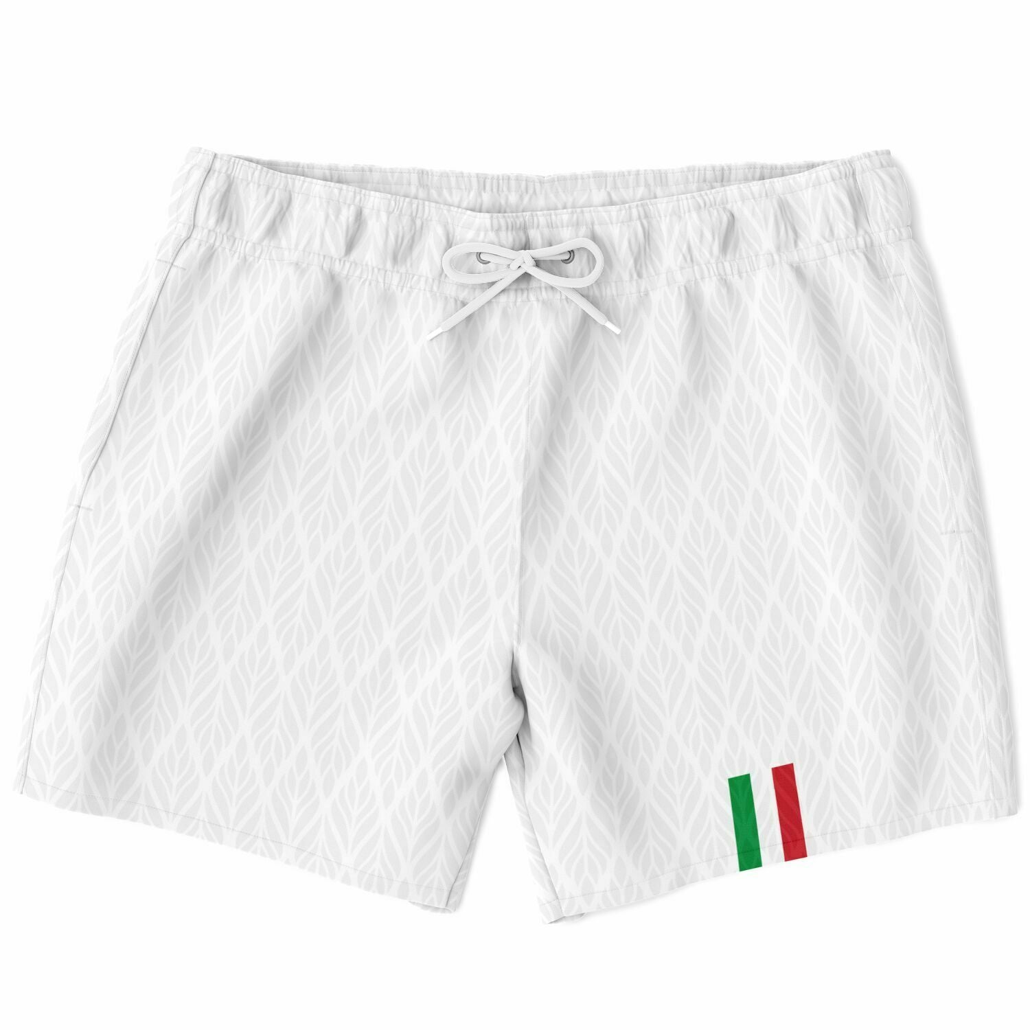 Italia Swim trunks White, featuring a red and green design, drawstring waistband, mesh lining, and fast-dry fabric, ideal for staying cool and comfortable.