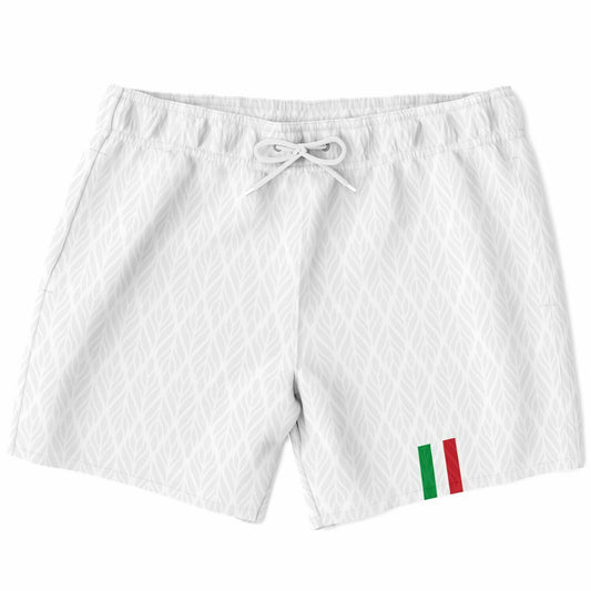 Italia Swim trunks White, featuring a red and green design, drawstring waistband, mesh lining, and fast-dry fabric, ideal for staying cool and comfortable.