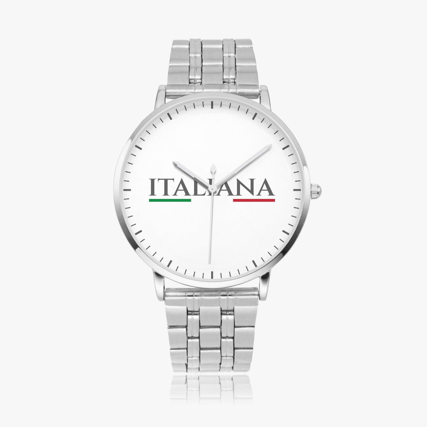 Ultra-thin Premium SEIKO Quartz watch Movement - ITALIANA, featuring a silver design with a white face and stainless steel case, embodying Italian elegance.