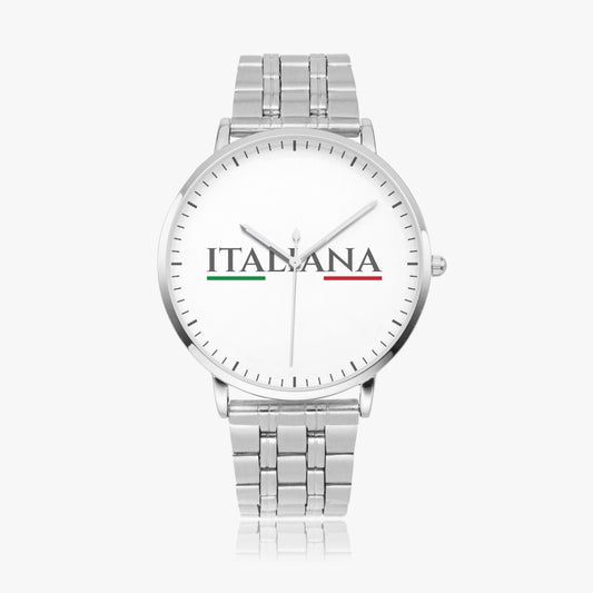 Ultra-thin Premium SEIKO Quartz watch Movement - ITALIANA, featuring a silver design with a white face and stainless steel case, embodying Italian elegance.