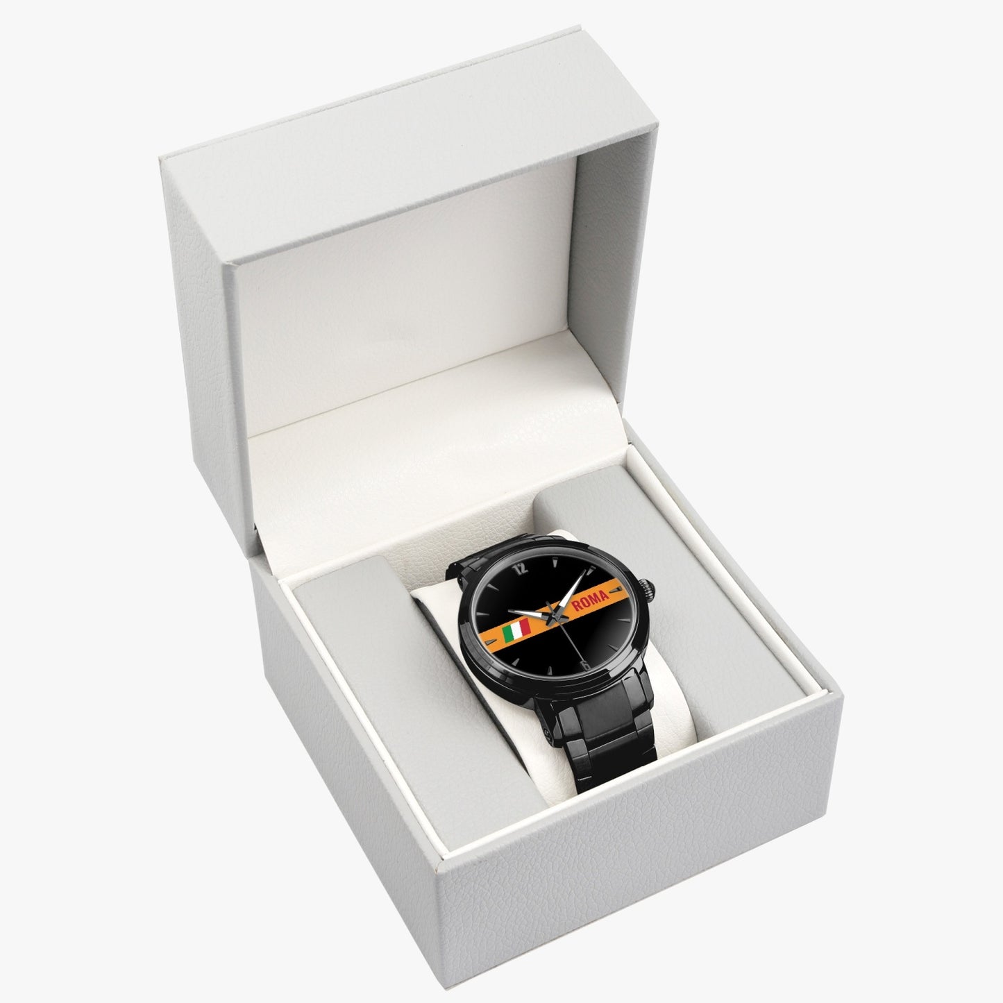 Roma Automatic Movement Watch in a white box, featuring a black design with yellow accents, premium stainless steel case, and folding clasp buckle.