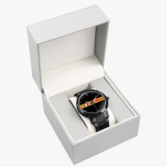 Roma Automatic Movement Watch in a white box, featuring a black design with yellow accents, premium stainless steel case, and folding clasp buckle.