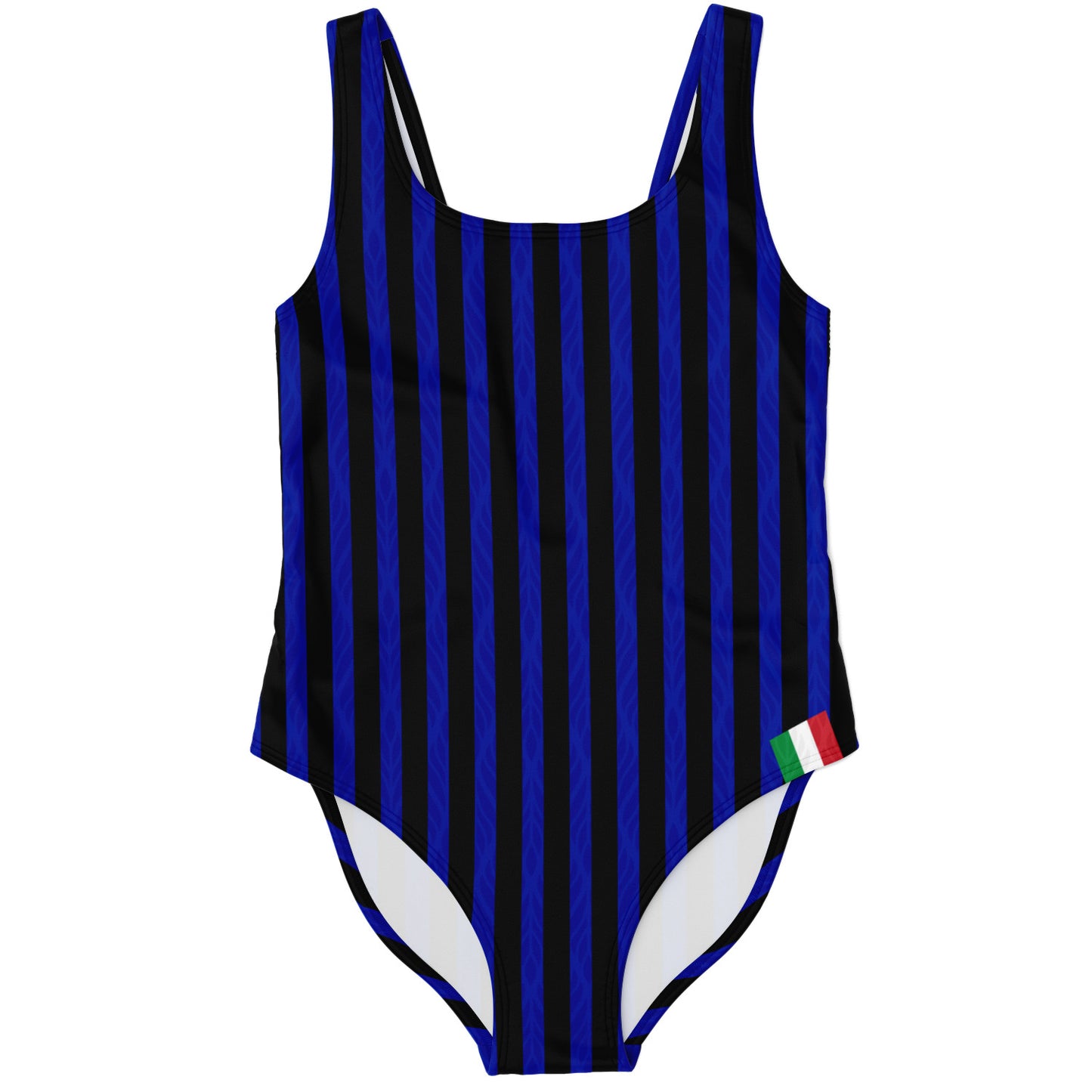 Inter One-Piece Swimsuit featuring a blue and black striped design, crafted with high-definition printing and four-way stretch fabric for comfort and style.