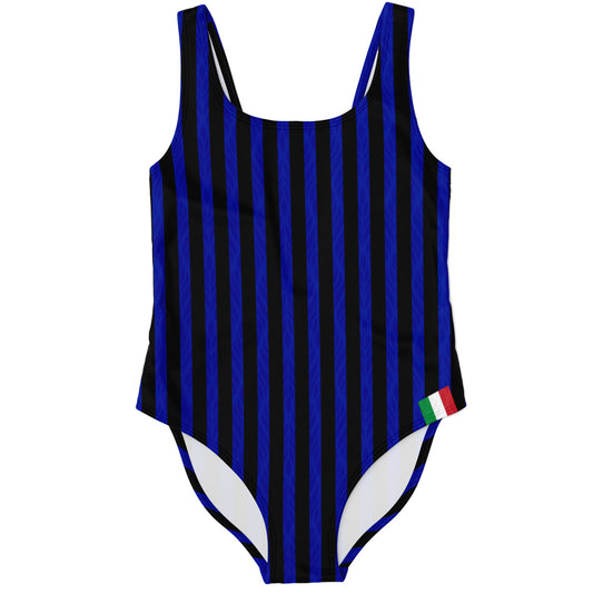Inter One-Piece Swimsuit featuring a blue and black striped design, crafted with high-definition printing and four-way stretch fabric for comfort and style.