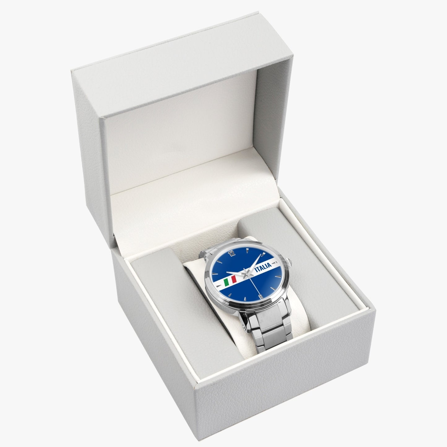 Italia Automatic Movement Watch in a box, showcasing its premium stainless steel design, high-quality automatic mechanism, and classic folding clasp, ideal for business and casual wear.