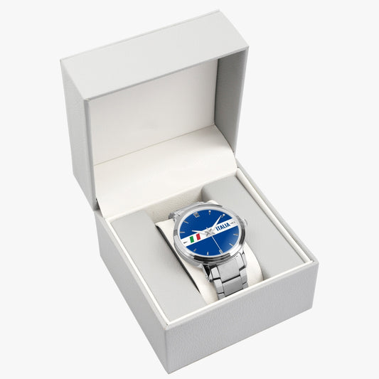 Italia Automatic Movement Watch in a box, showcasing its premium stainless steel design, high-quality automatic mechanism, and classic folding clasp, ideal for business and casual wear.