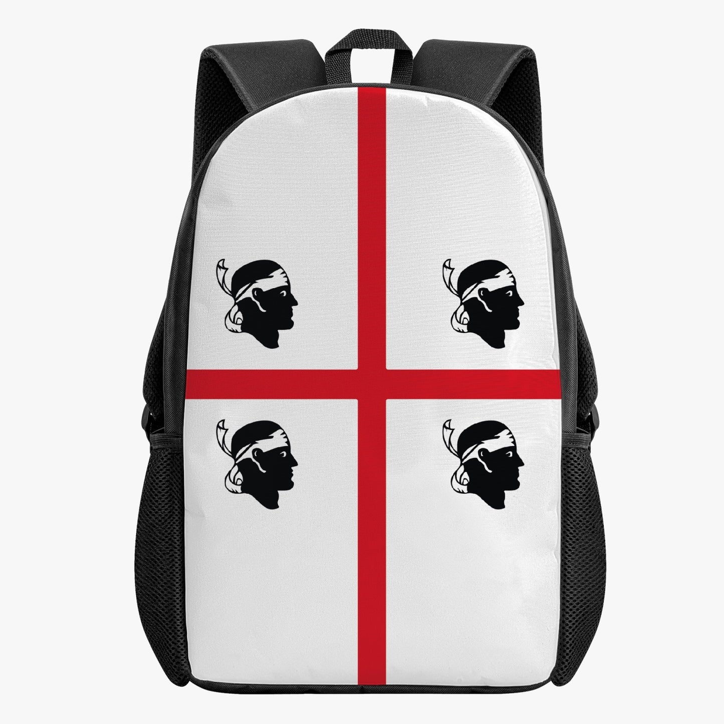 Sardinia Kid's School Backpack featuring flag and face silhouettes, designed for kids with large capacity, side pockets, and durable polyester and PVC fabric.