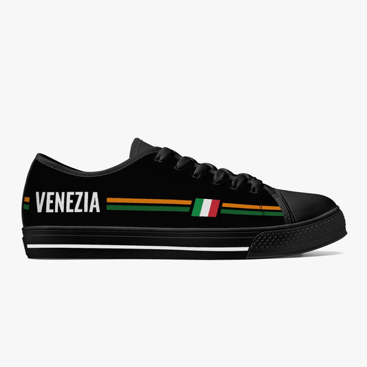 Low-Top Shoes - Venezia - women's: Black shoe with white stripes, Italian flag-inspired green, white, red accents, rubber outsole, canvas upper, lace-up closure.