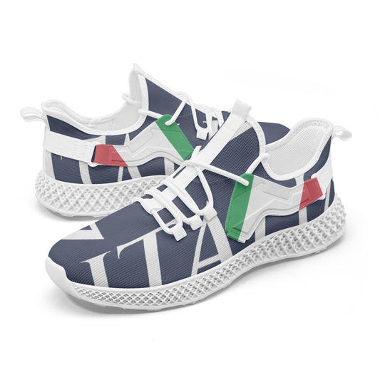 Italia Net Mesh Knit Sneakers Navy with lace-up closure, mesh upper, and lightweight midsole for enhanced cushioning and responsiveness, suitable for both men and women.