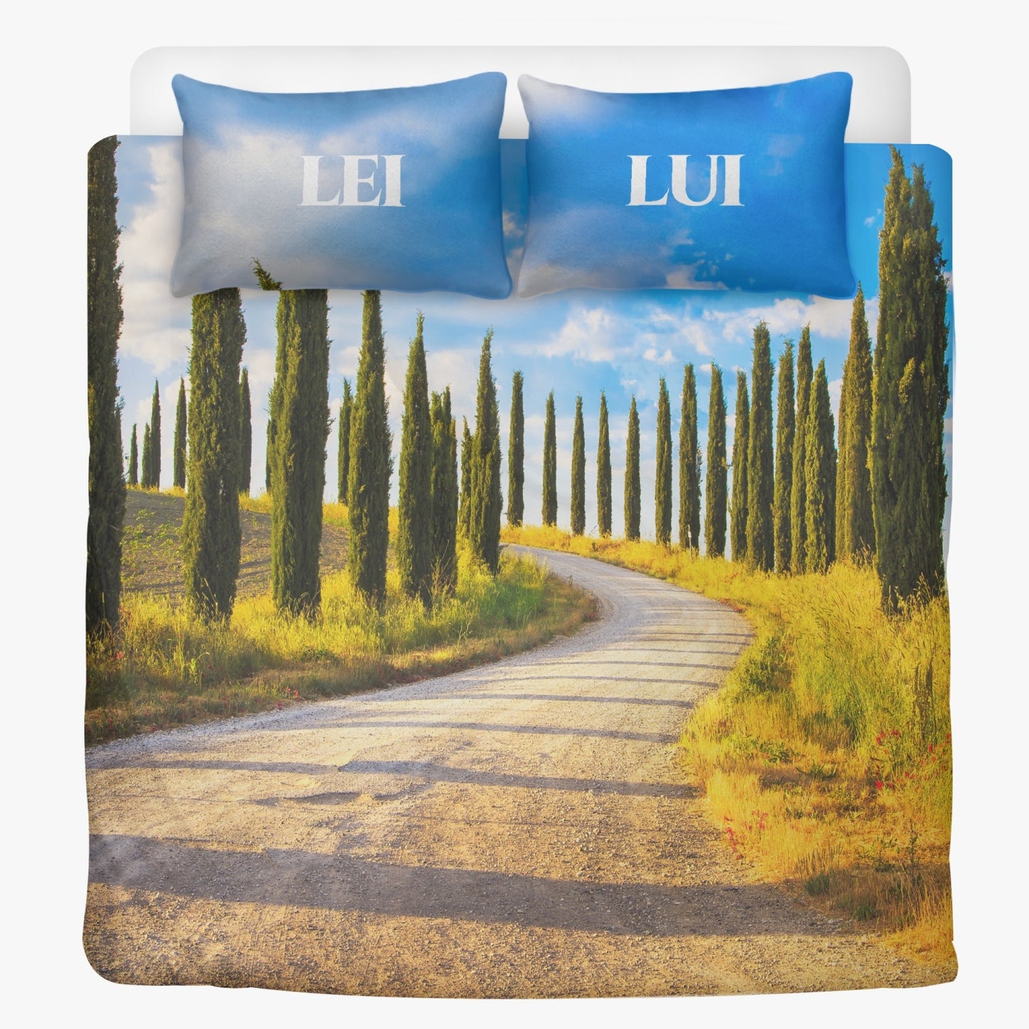 Bedding Set - Tuscany Spring Italy, featuring premium polyester duvet and two pillow covers, displayed against a scenic backdrop of trees and a path.