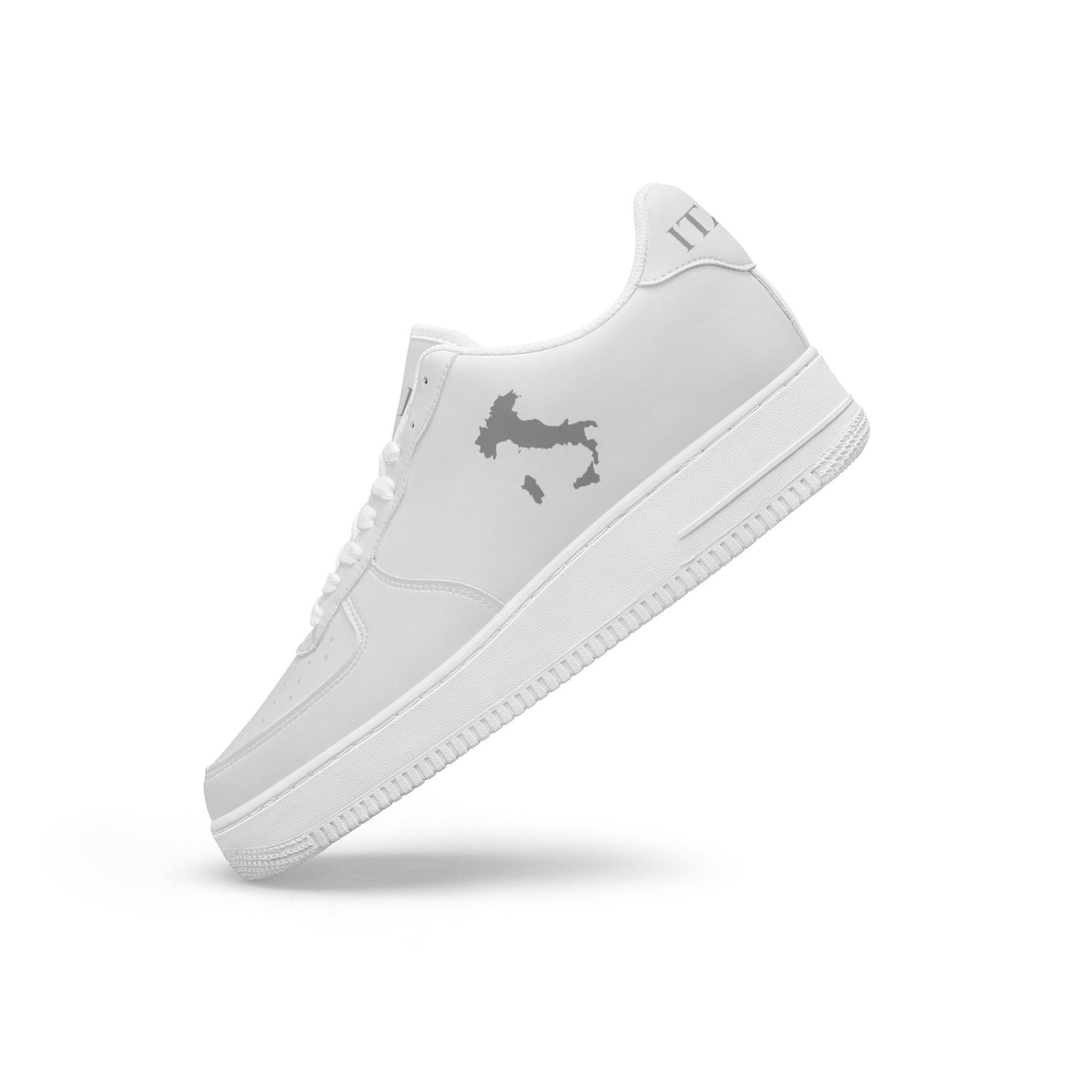 Italy Leather Sneakers featuring a unique map design and logo, crafted with a leather upper and EVA outsole for durability and comfort in both men and women sizes.