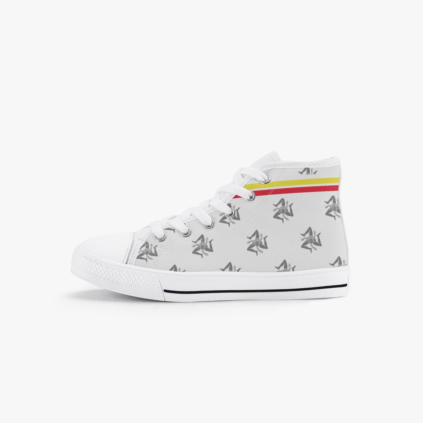 Kid’s High-Top Shoes with Sicilian pattern, featuring a white canvas upper, rubber outsole, metal eyelets, and lace-up closure, designed for kids.