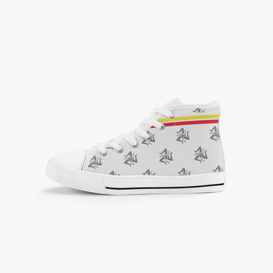Kid’s High-Top Shoes with Sicilian pattern, featuring a white canvas upper, rubber outsole, metal eyelets, and lace-up closure, designed for kids.