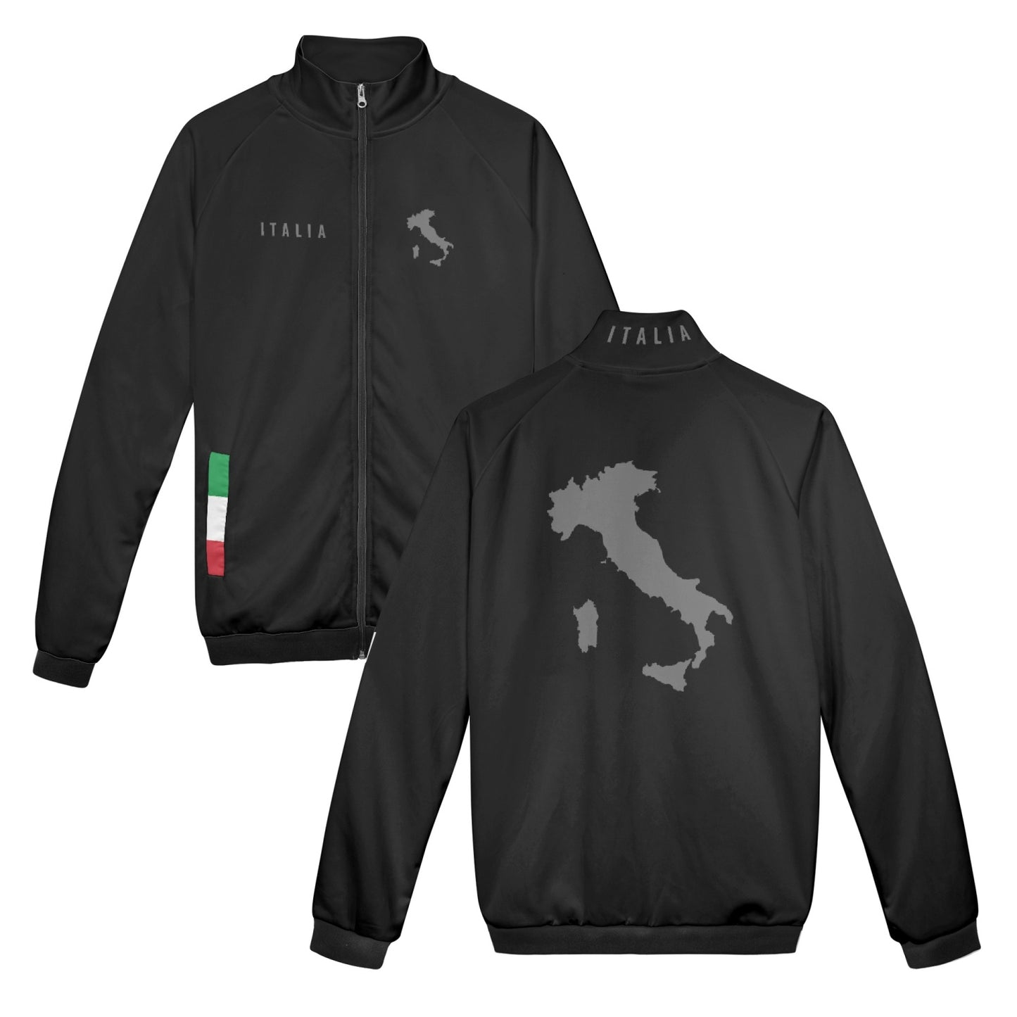 Italia zip Jacket black featuring a stylish stand collar and map of Italy design, crafted from premium polyester with reinforced cuffs and roomy front pocket.