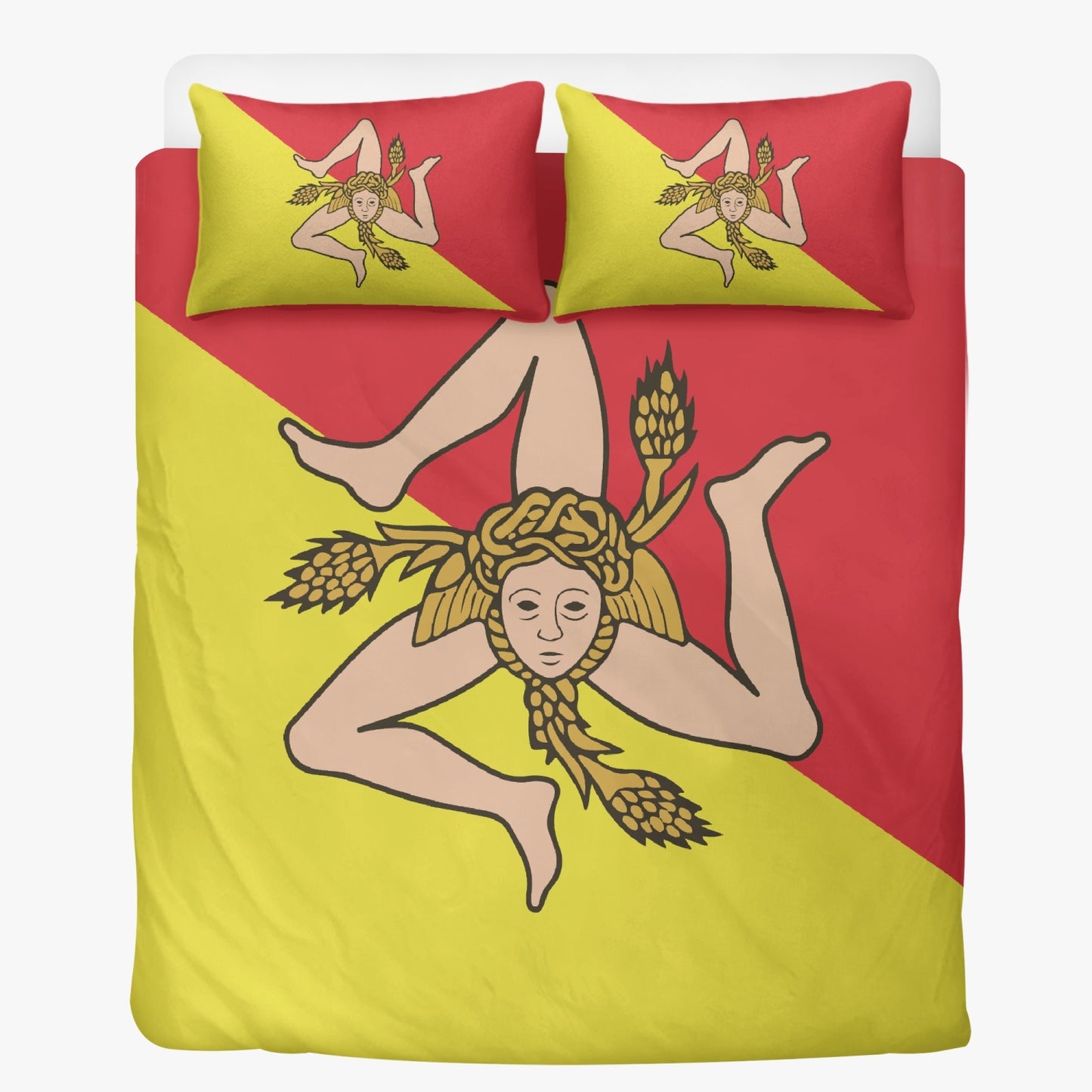 Sicily bedding set featuring a cartoon character on red and yellow pillows, offering luxurious comfort and elegant design for a restful night's sleep.
