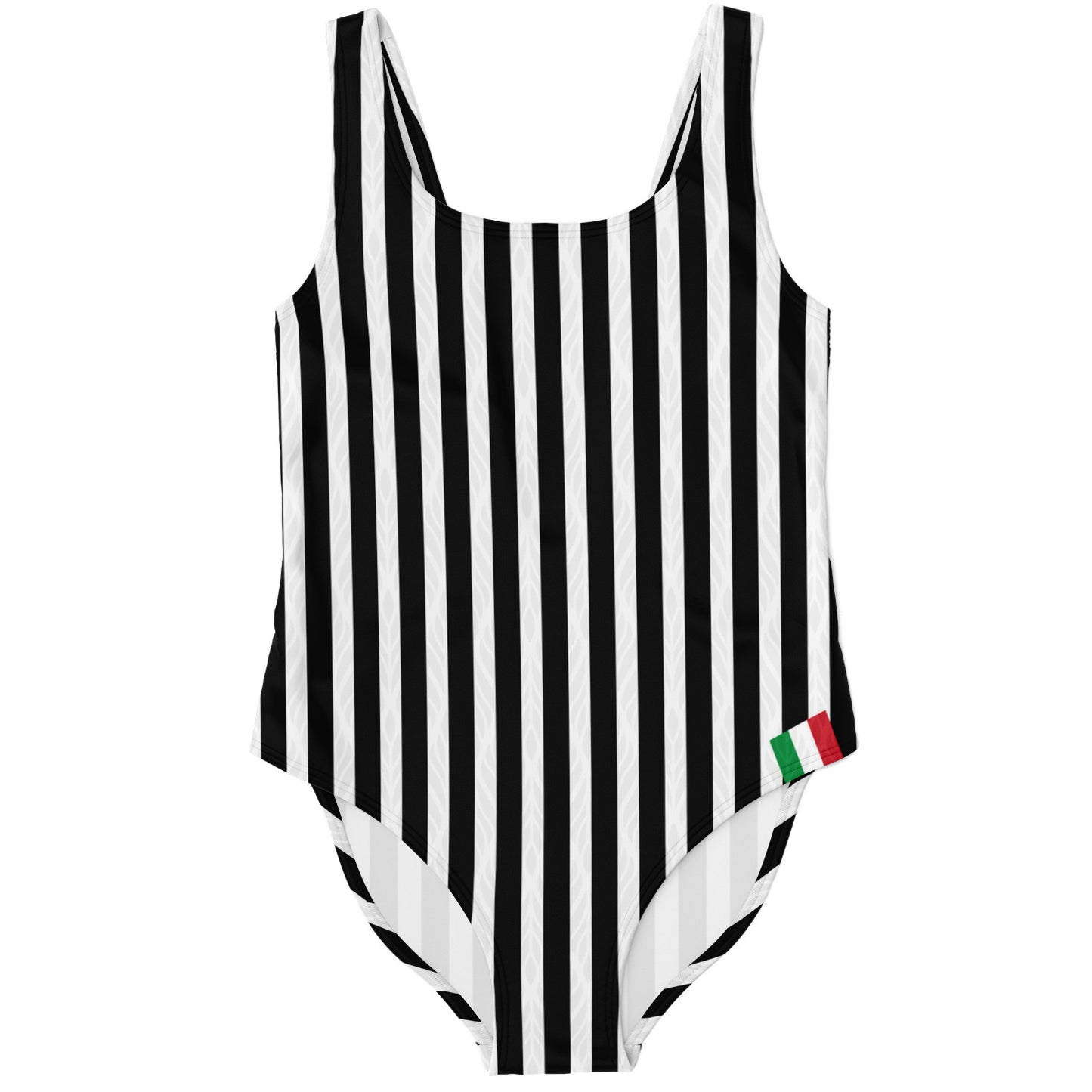 Juve One-Piece Swimsuit featuring a black and white striped design, ideal for making a bold statement at the beach or poolside events.