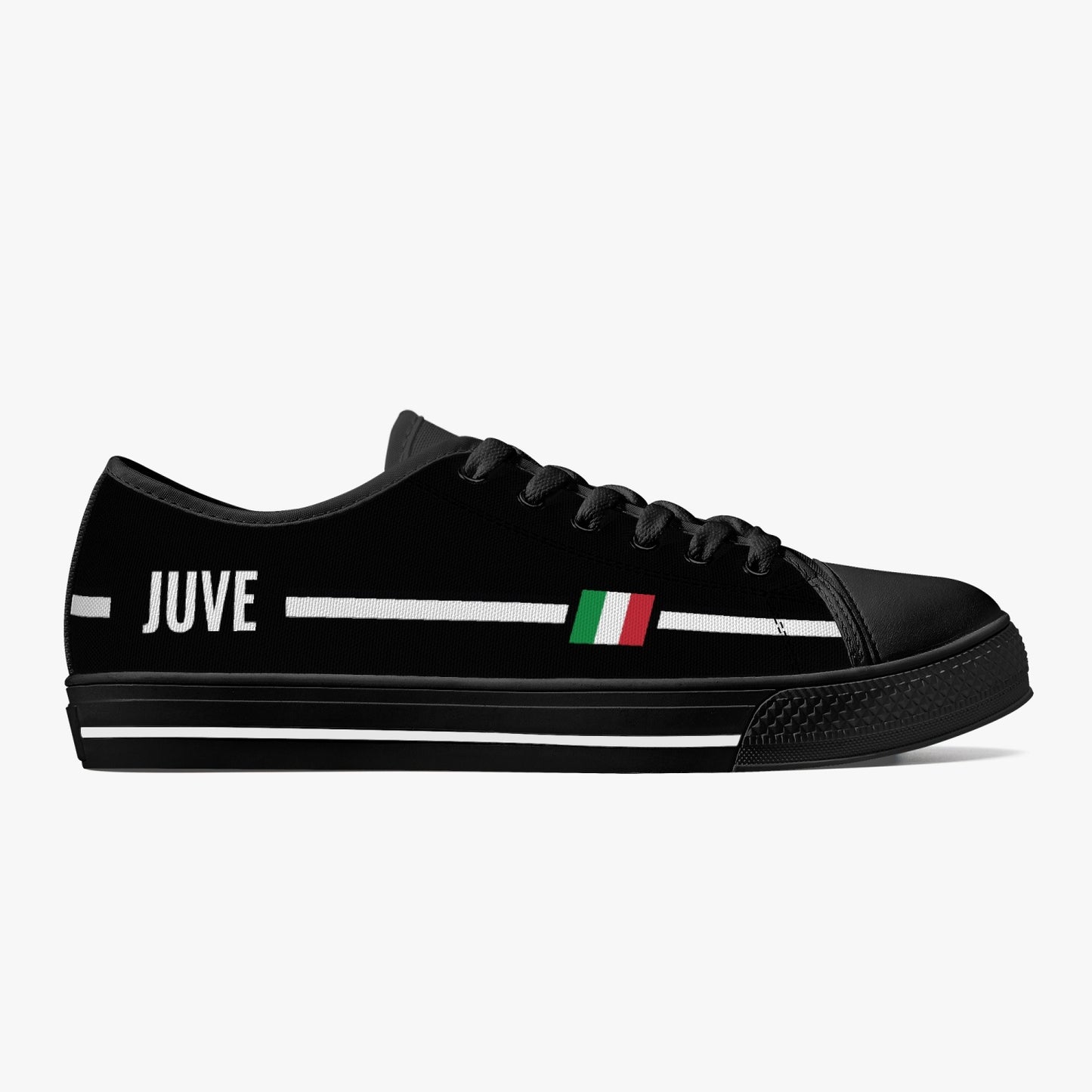 Low-Top Shoes - Juve - women's with sleek design, featuring black canvas, white stripes, and Italian flag details, complete with metal eyelets and lace-up closure.